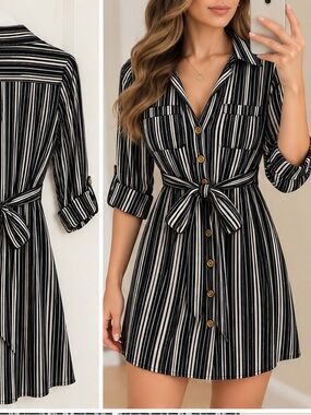 Black and White Striped Tie-Waist Mini Shirt Dress